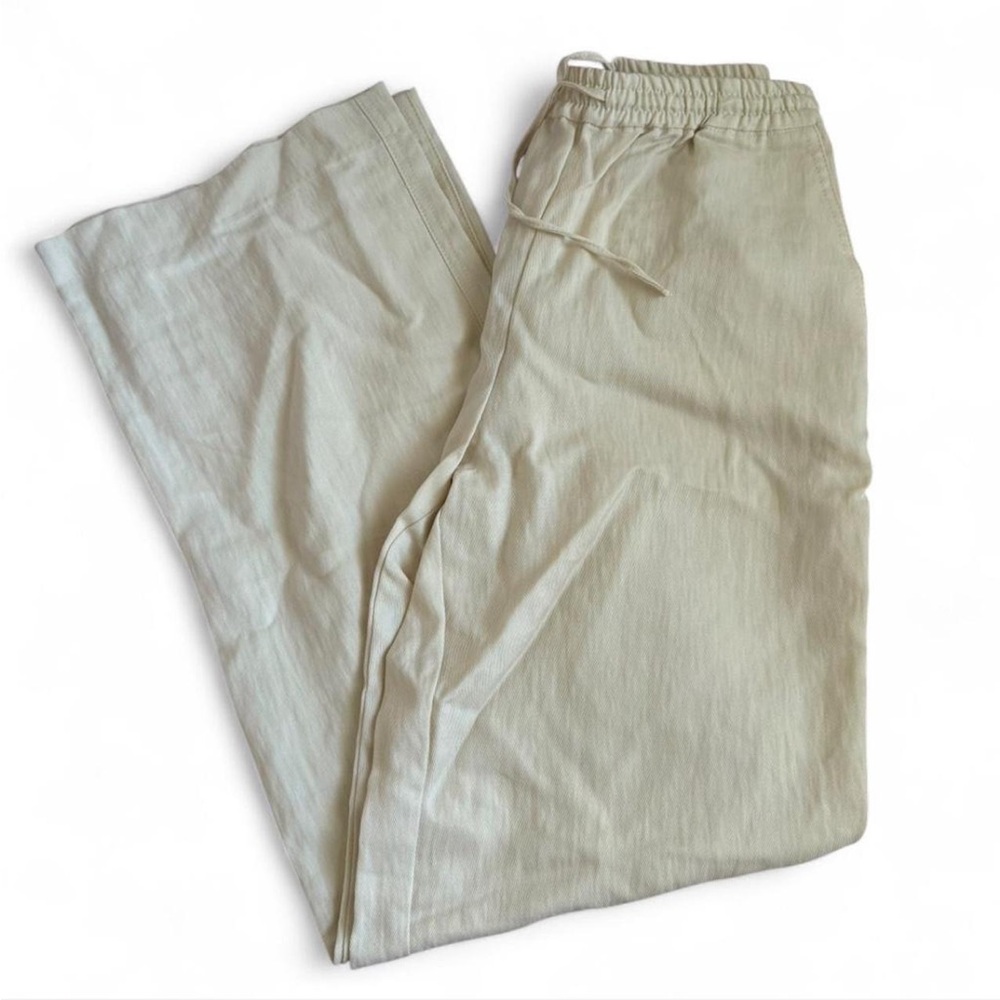 NWT Zara Cream Linen Blend Drawstring Wide Leg Pants Summer Beach Flowy Size XS